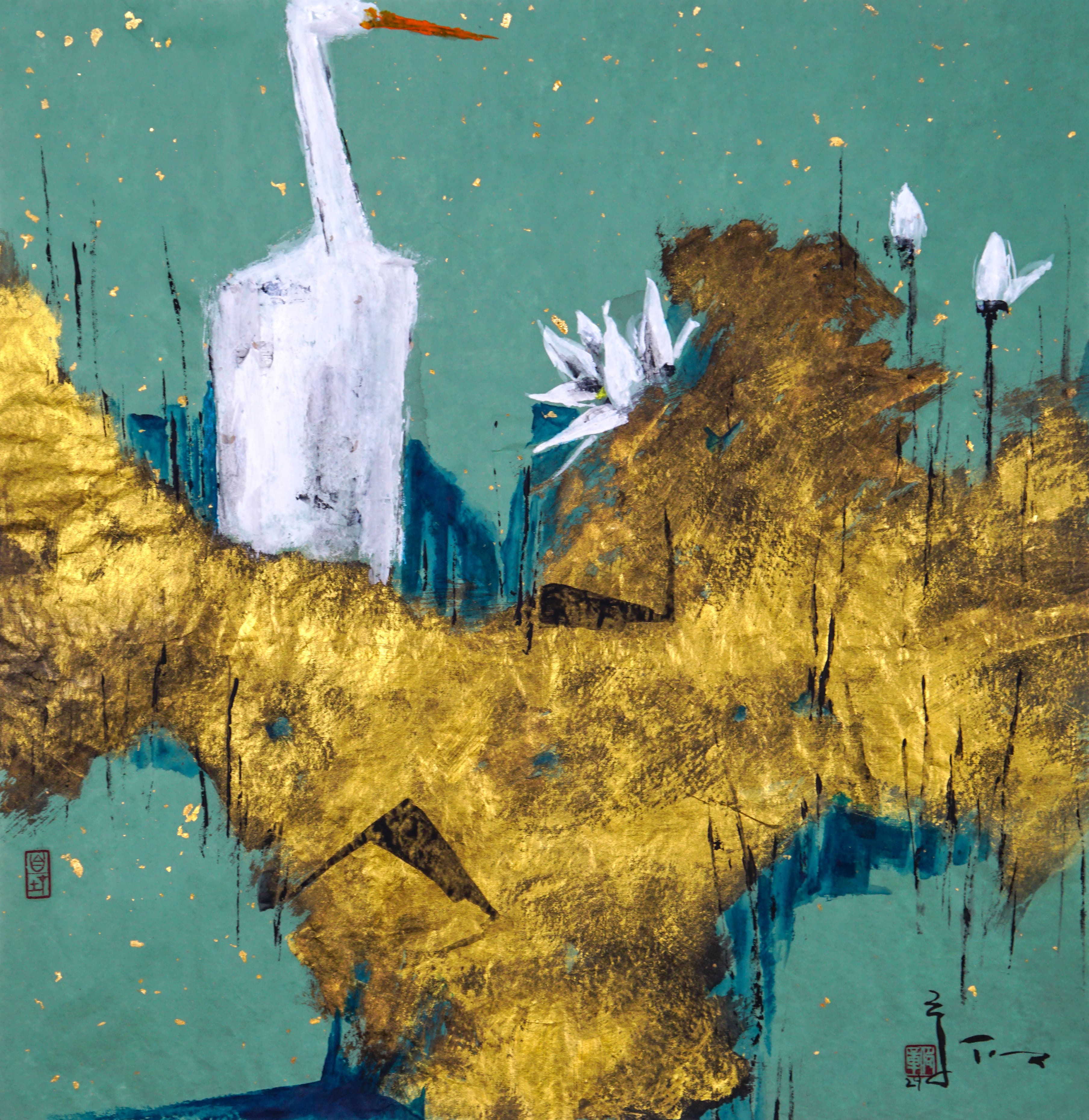 Lotus and Egrets by Ling Yang Chang — gold leaf, ink and colour over a teal ground