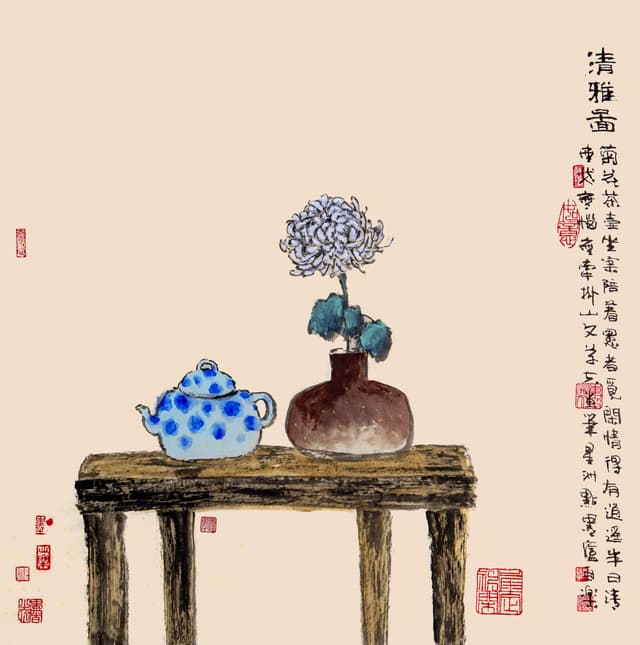 Still life painting with vase and flowers - Still Life with Charm 静物与情趣 by Ling Yang Chang