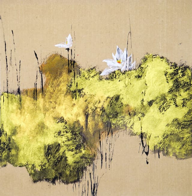 Painting of blooming lotus flowers - Lotus and Egrets 荷塘与鹭鸶 by Ling Yang Chang